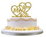 Topkagefigur Mr & Mrs hjerter guld top kage figur på kage