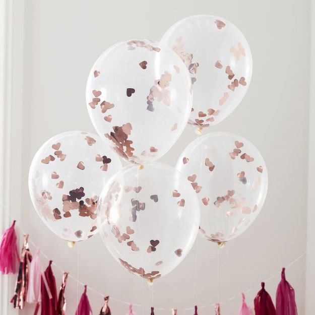 Klare balloner med rosaguld hjertekonfetti - 5 stk