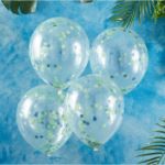 Klare balloner med grønne og blå runde konfetti - 5 stk