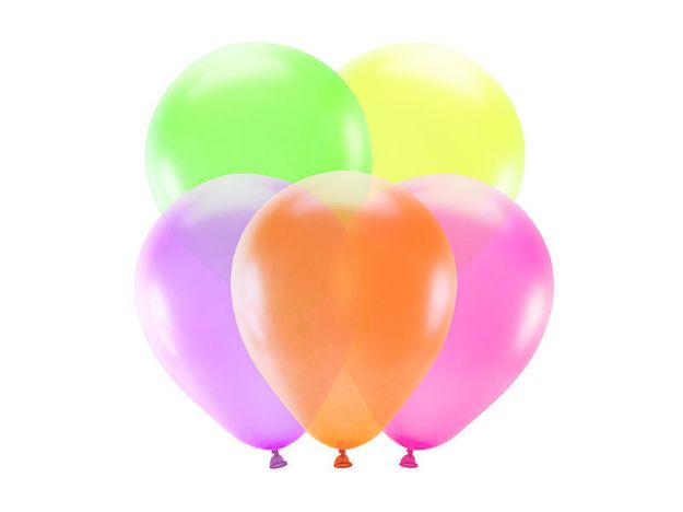 En pakke med 5 balloner i farverne pink, lilla, gul, grøn & orange.