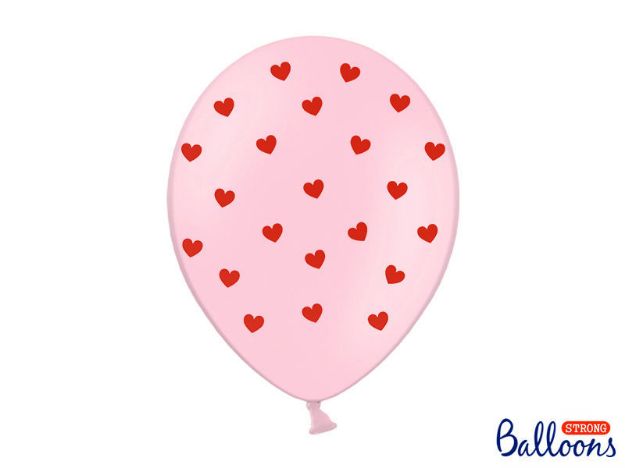 En pakke med 6 lyserøde balloner med røde hjerter.