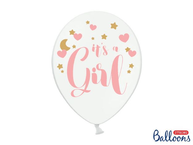 En pakke med 6 hvide balloner med teksten "It´s a girl" 