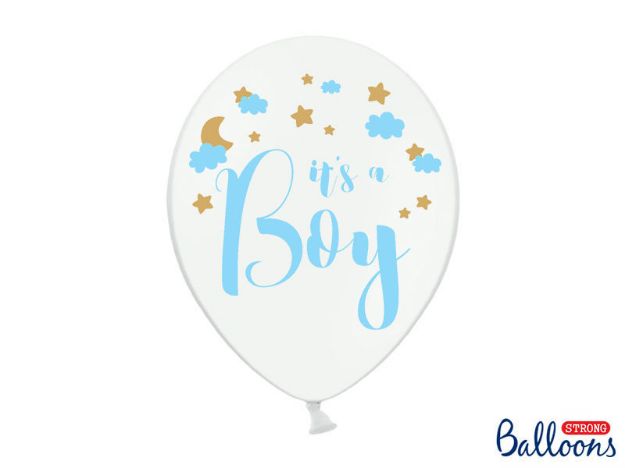 En pakke med 6 hvide balloner med teksten "It´s a boy"