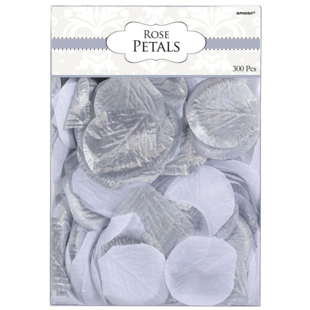 Metallic sølv & hvide rosenblade 300 stk.