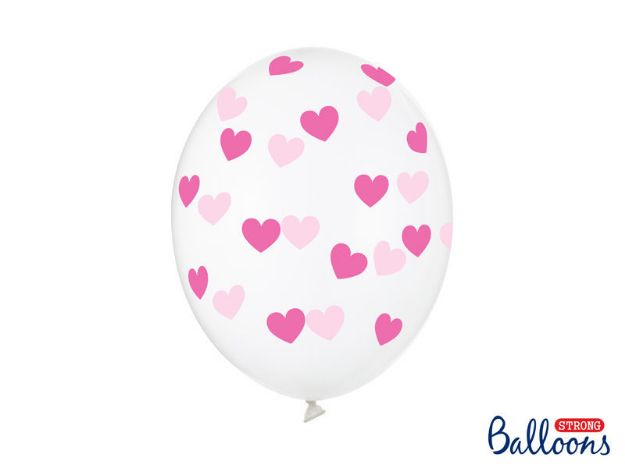 Balloner klare med pink hjerter - 6 stk