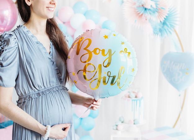 Lyserød og lyseblå folie ballon  'Boy or Girl' til gender reveal