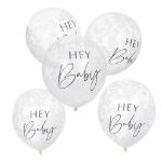 Hvide konfetti balloner 'HEY Baby' 5 stk.