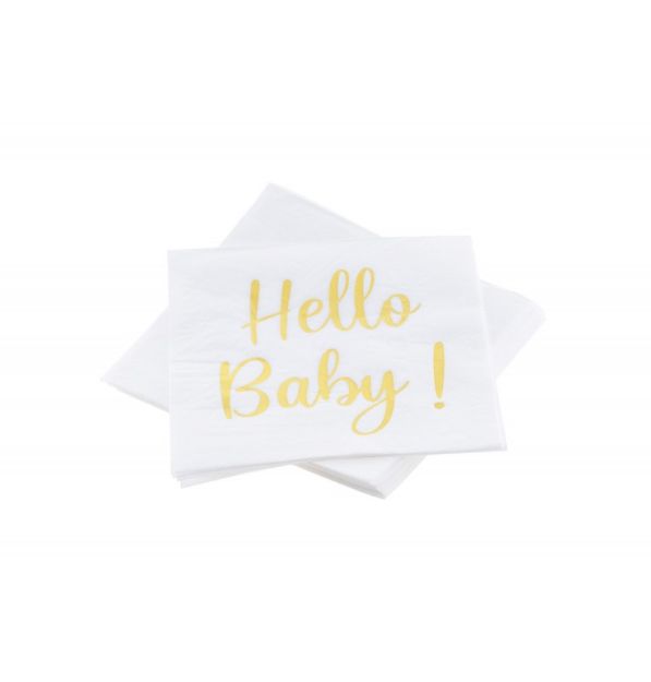 Servietter hvide 'Hello baby!' med guldtryk 20stk. 