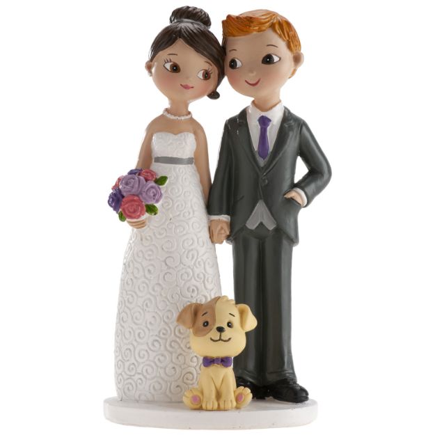 Topkagefigur brudepar med hund 16cm